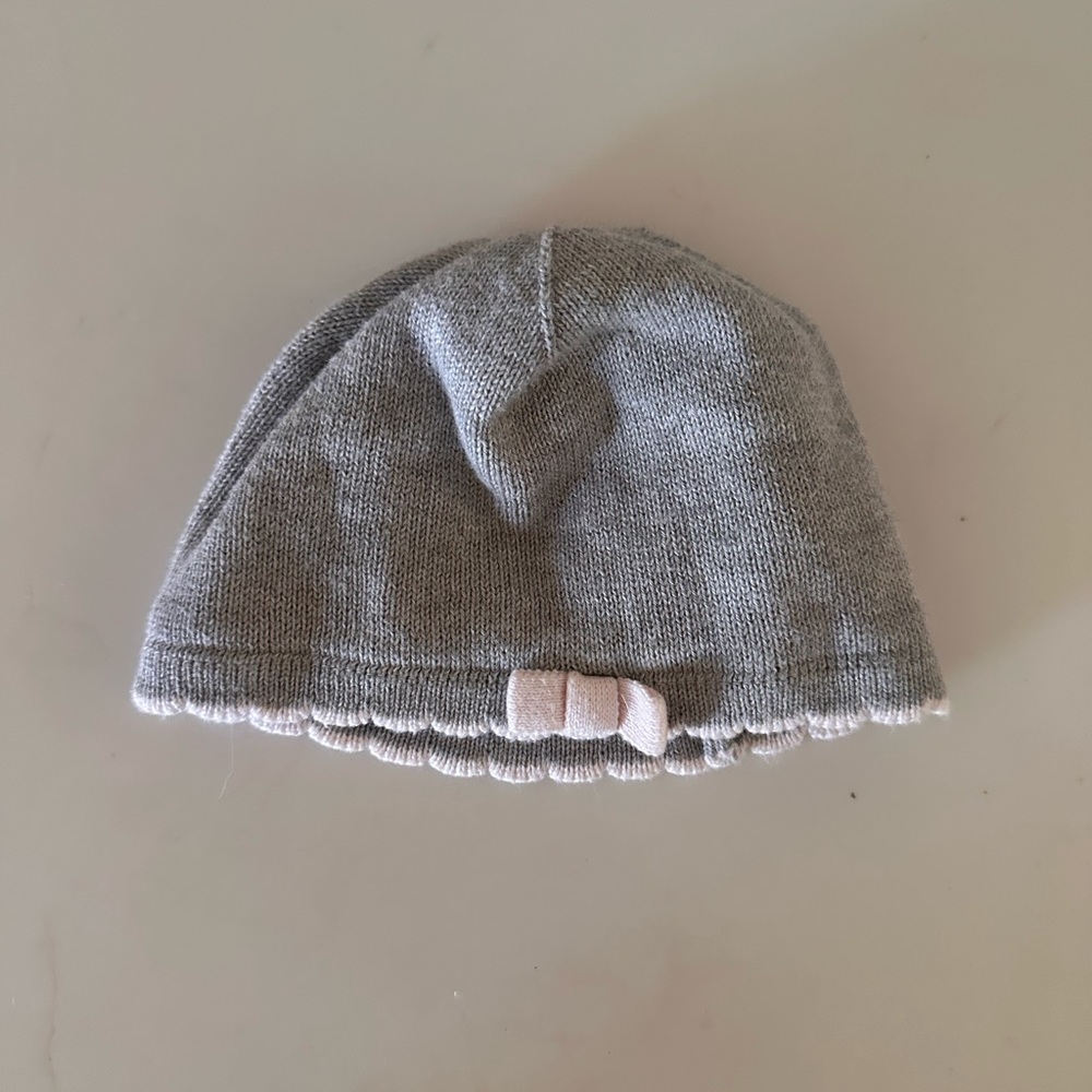 Janie and Jack Scalloped Gray Knit Hat Pink Bow Baby Beanie 0-3 Months Newborn